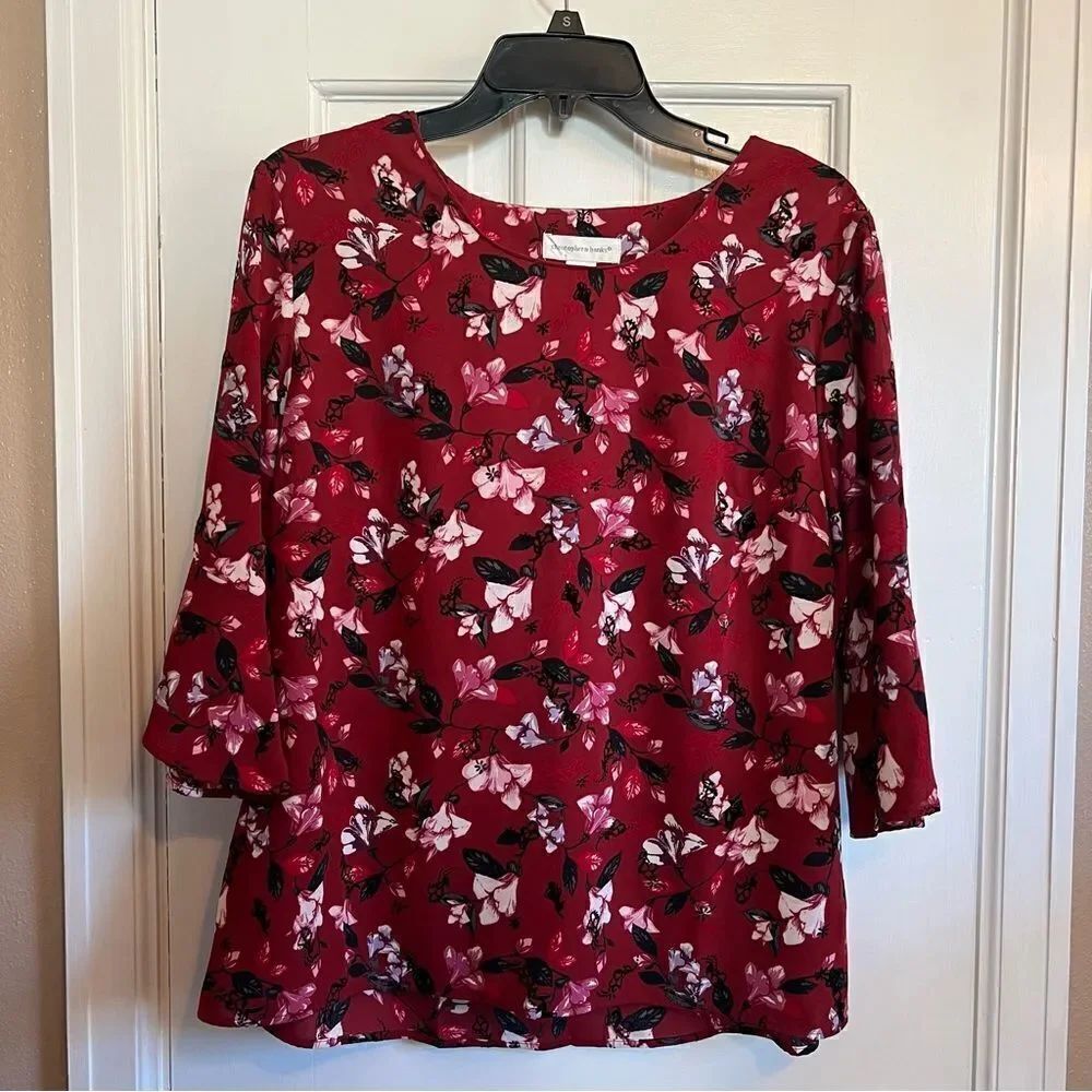 Christopher & Banks Red Floral 3/4 sleeve Top